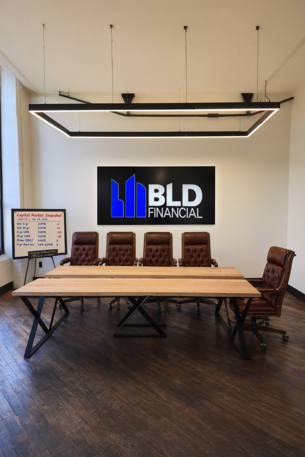 The BLD Financial boardroom: the illuminated BLD Financial sign above a long wooden table, four high-back leather chairs along the far side and one at the right end, and a whiteboard listing this week's Capital Market Snapshot.